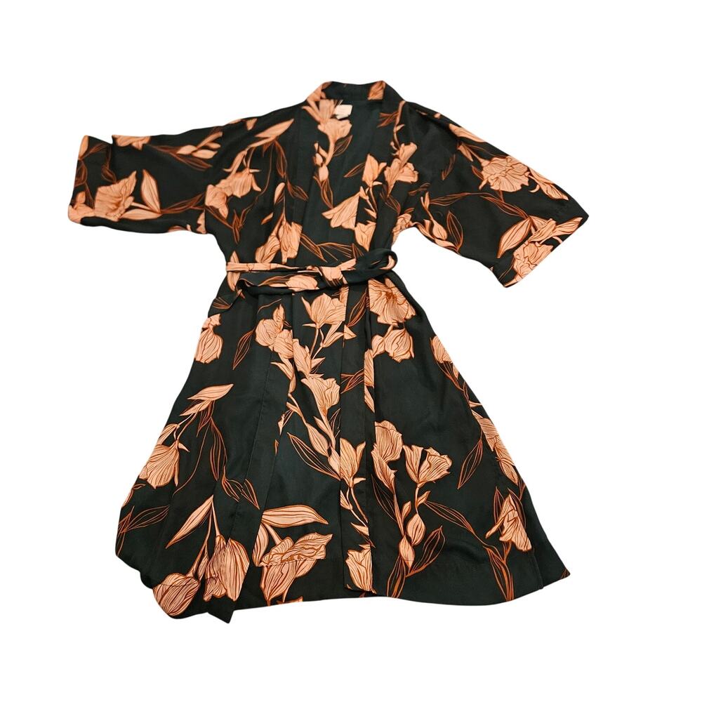 A New Day Black Peach Floral Kimono Robe Cover Up OSFM Belted Lightweight